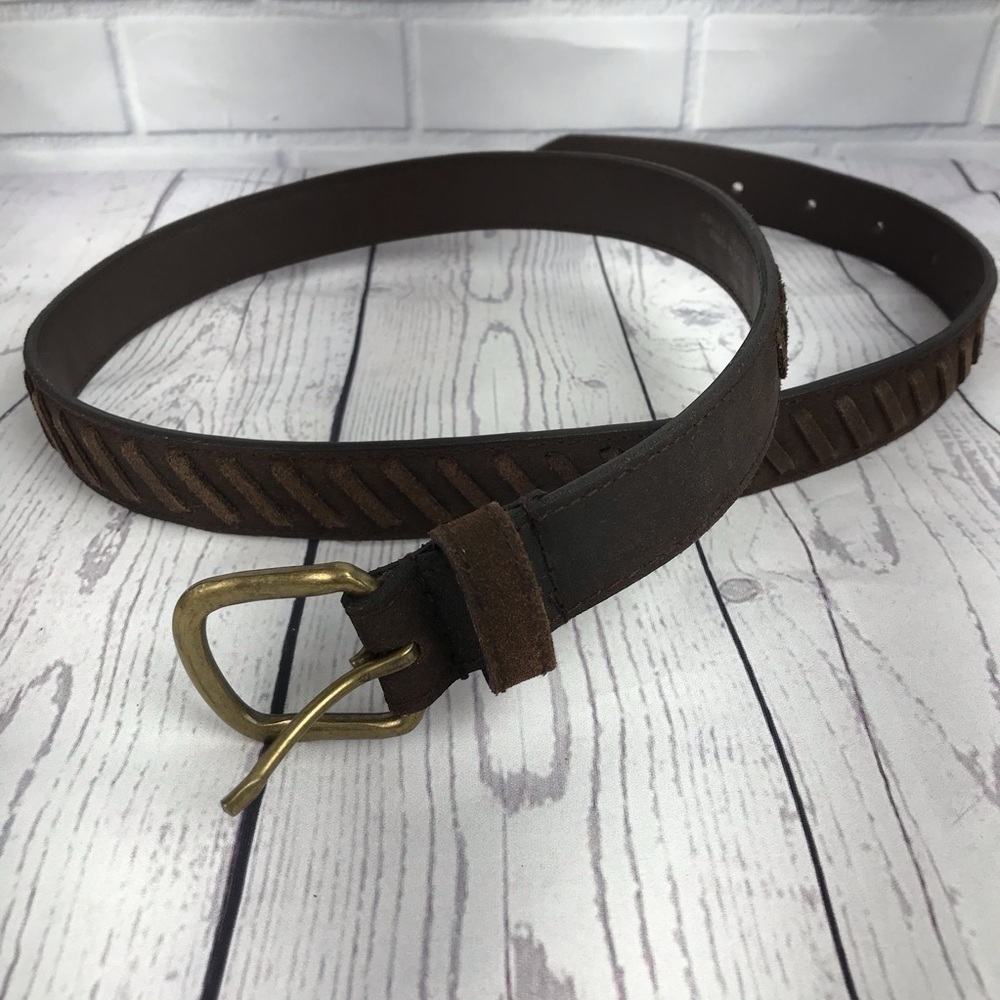 Chocolate brown suede whipstitch belt XL brass bkl